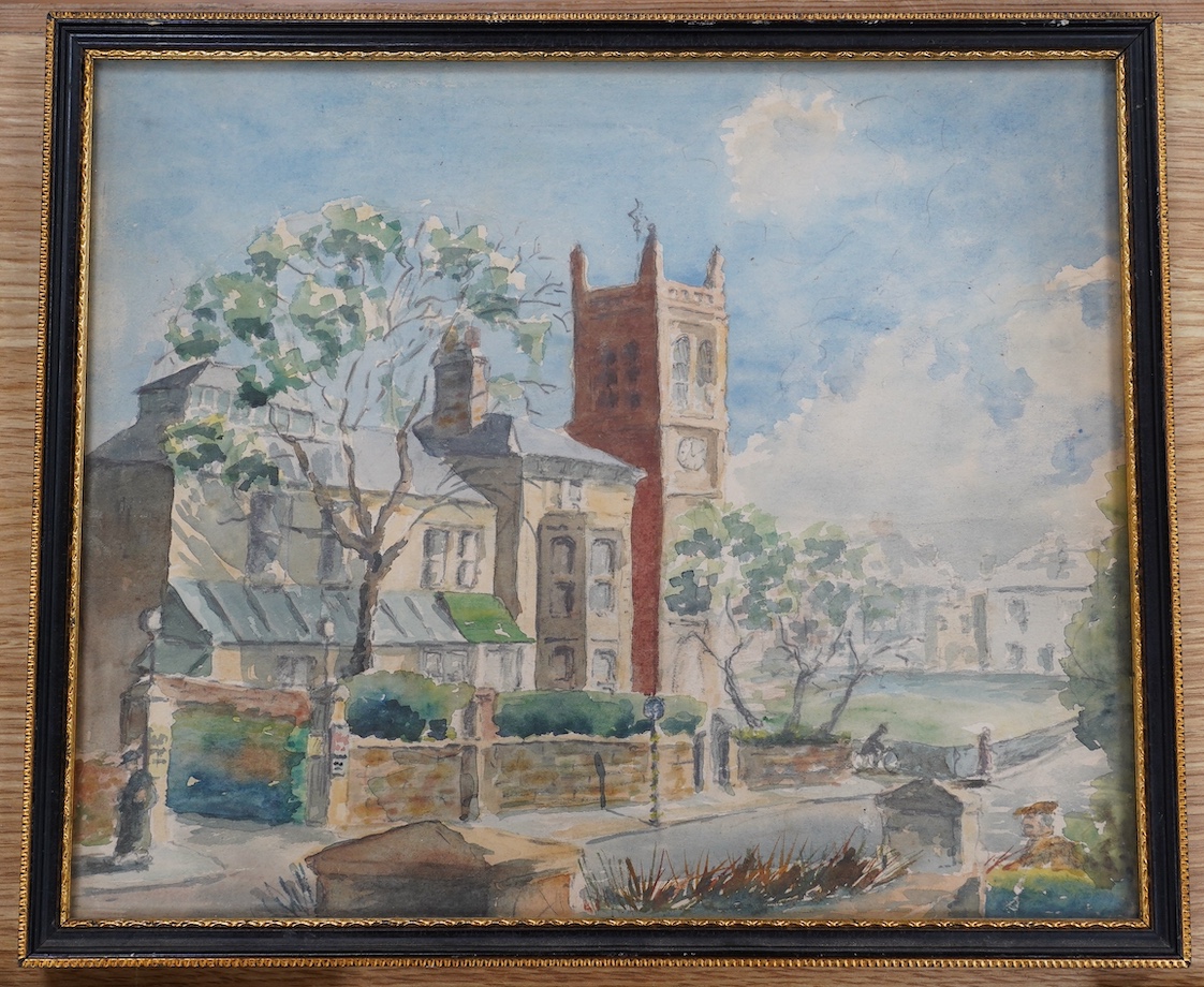 From the Studio of Fred Cuming. 20th century School, watercolour, Street scene with church, unsigned, 25 x 29cm. Condition - fair